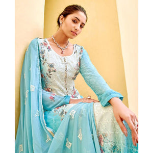 Blue Embellished & Embroidered Chiffon Partywear Suit - Peachmode