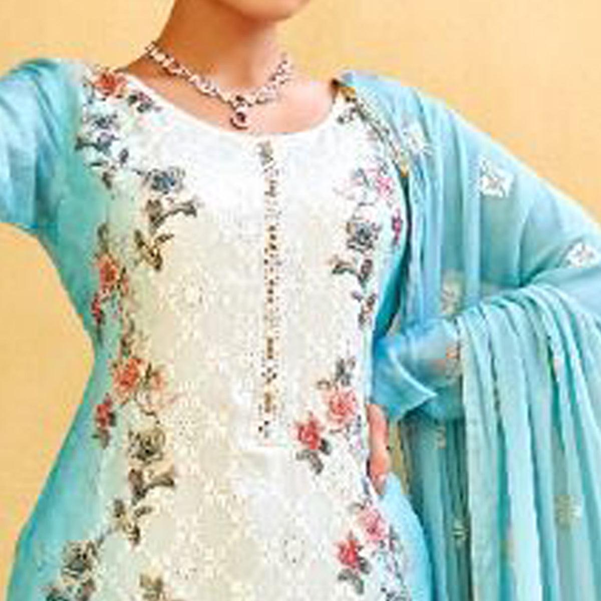 Blue Embellished & Embroidered Chiffon Partywear Suit - Peachmode