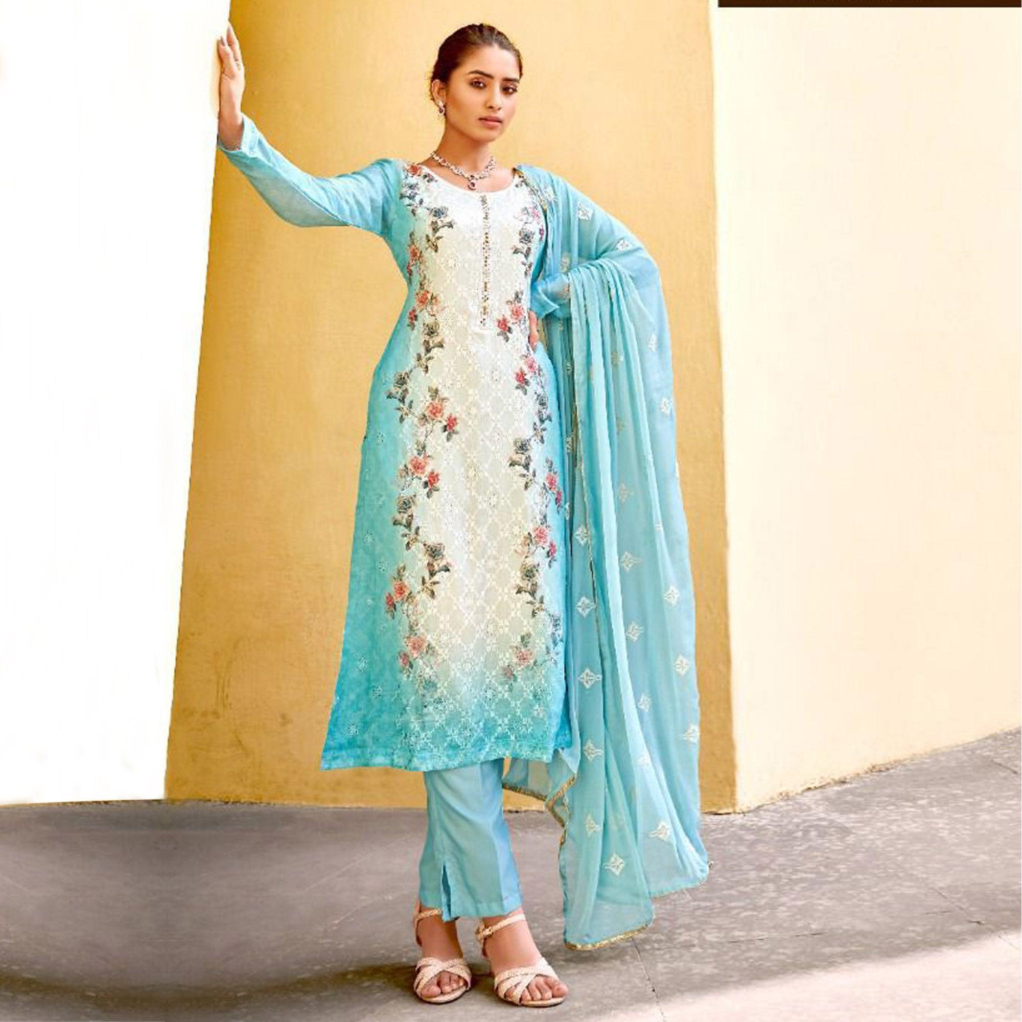 Blue Embellished & Embroidered Chiffon Partywear Suit - Peachmode