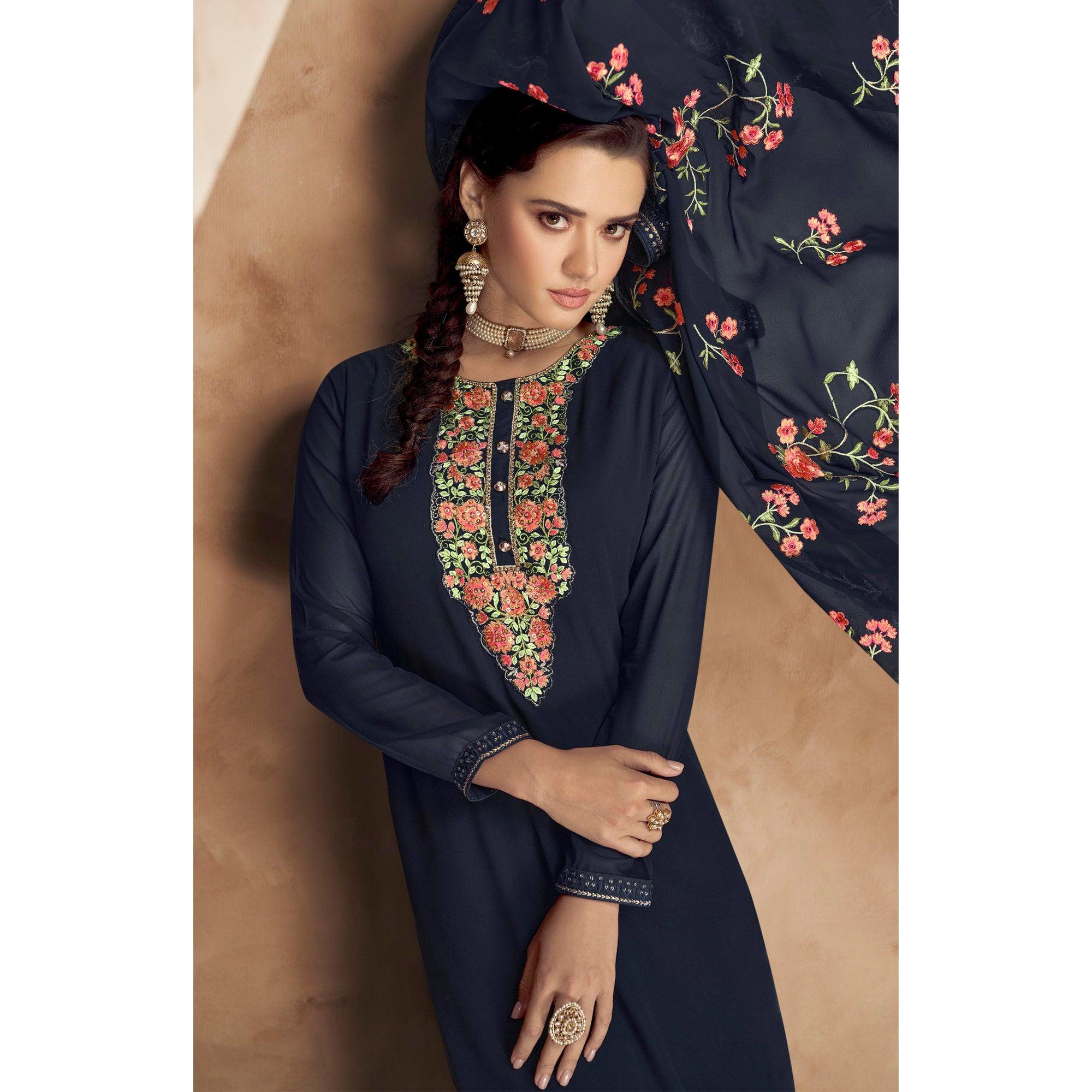 Blue Embellished Partywear Embroidered Heavy Faux Georgette Suit - Peachmode