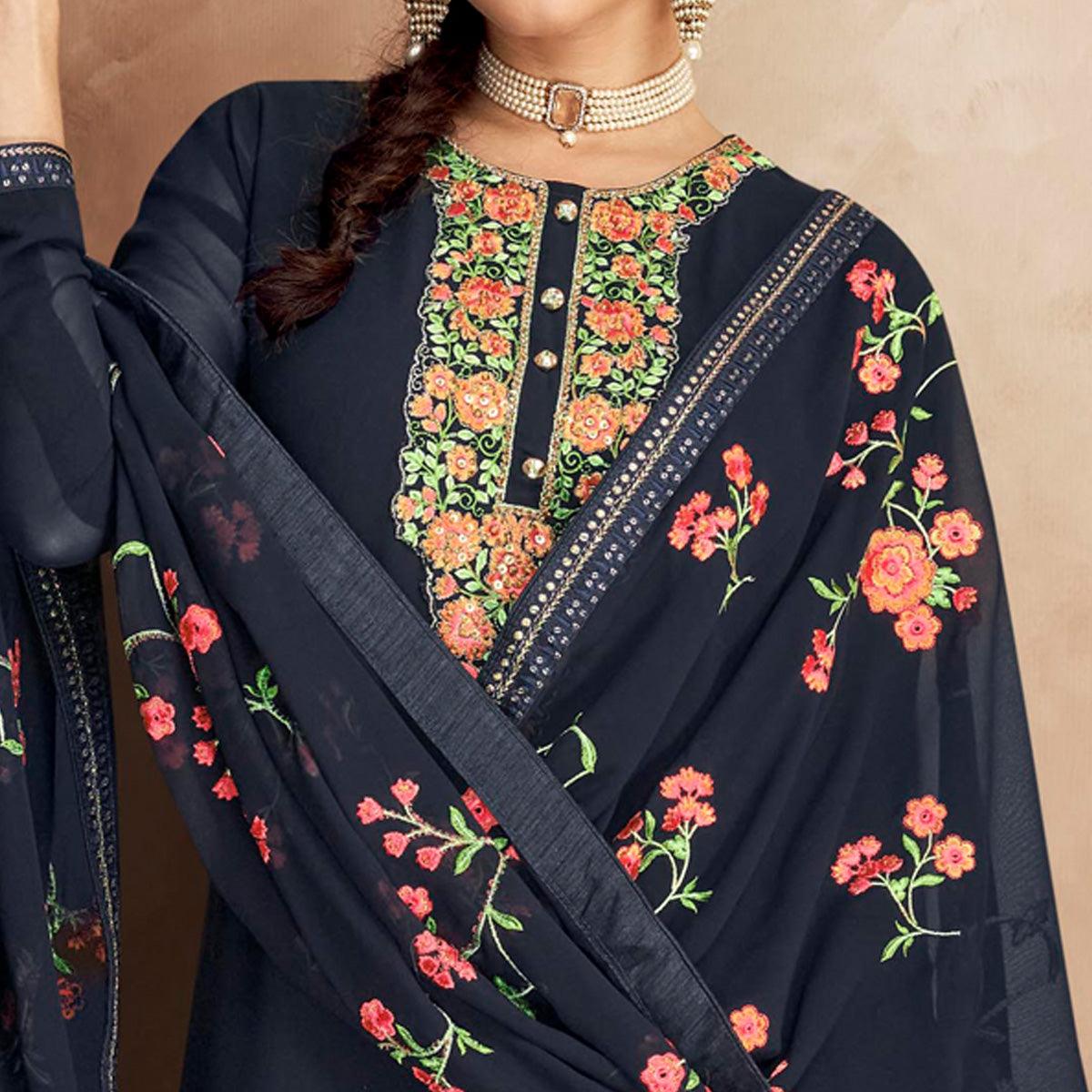 Blue Embellished Partywear Embroidered Heavy Faux Georgette Suit - Peachmode