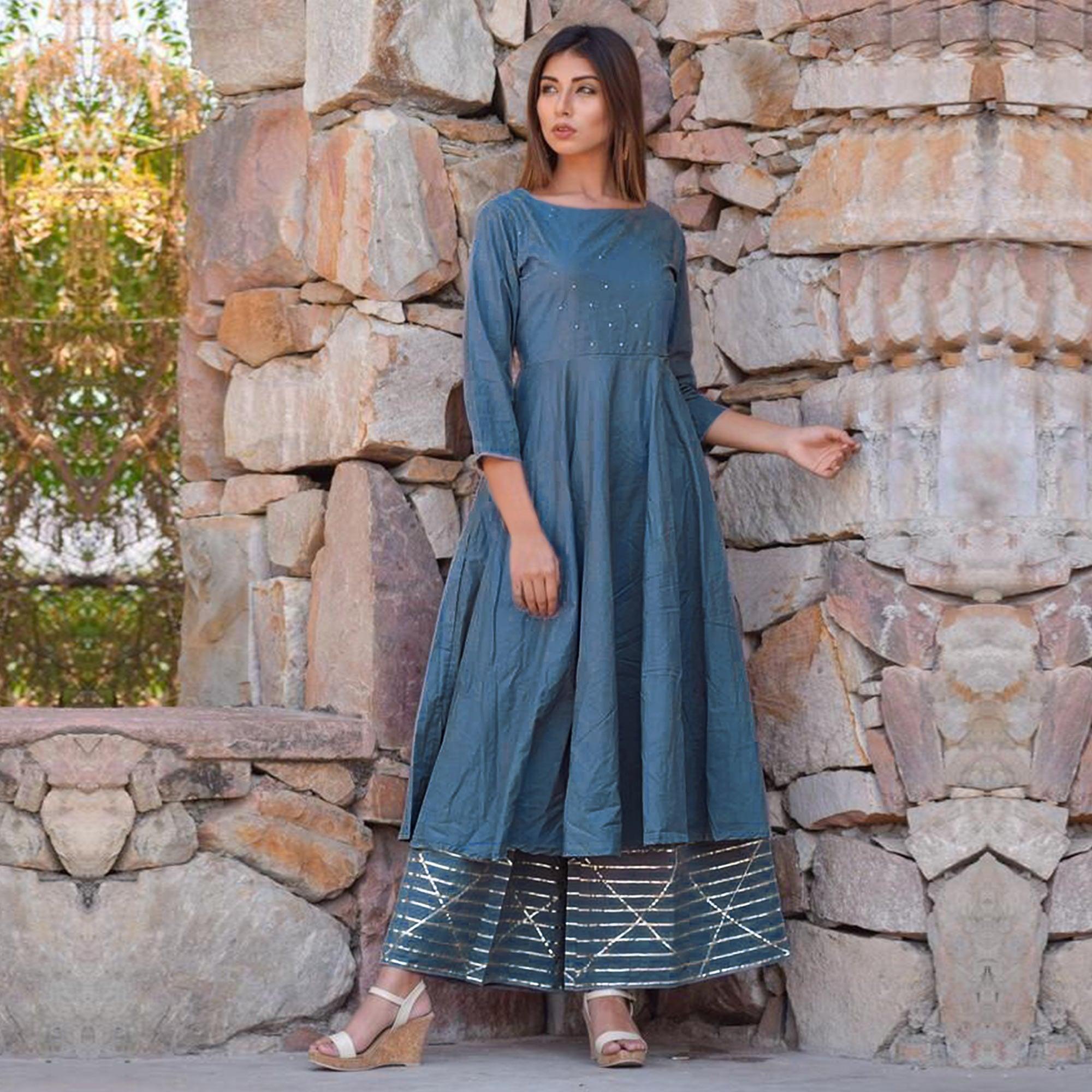 Blue Embellished Rayon Kurti-Palazzo Set - Peachmode