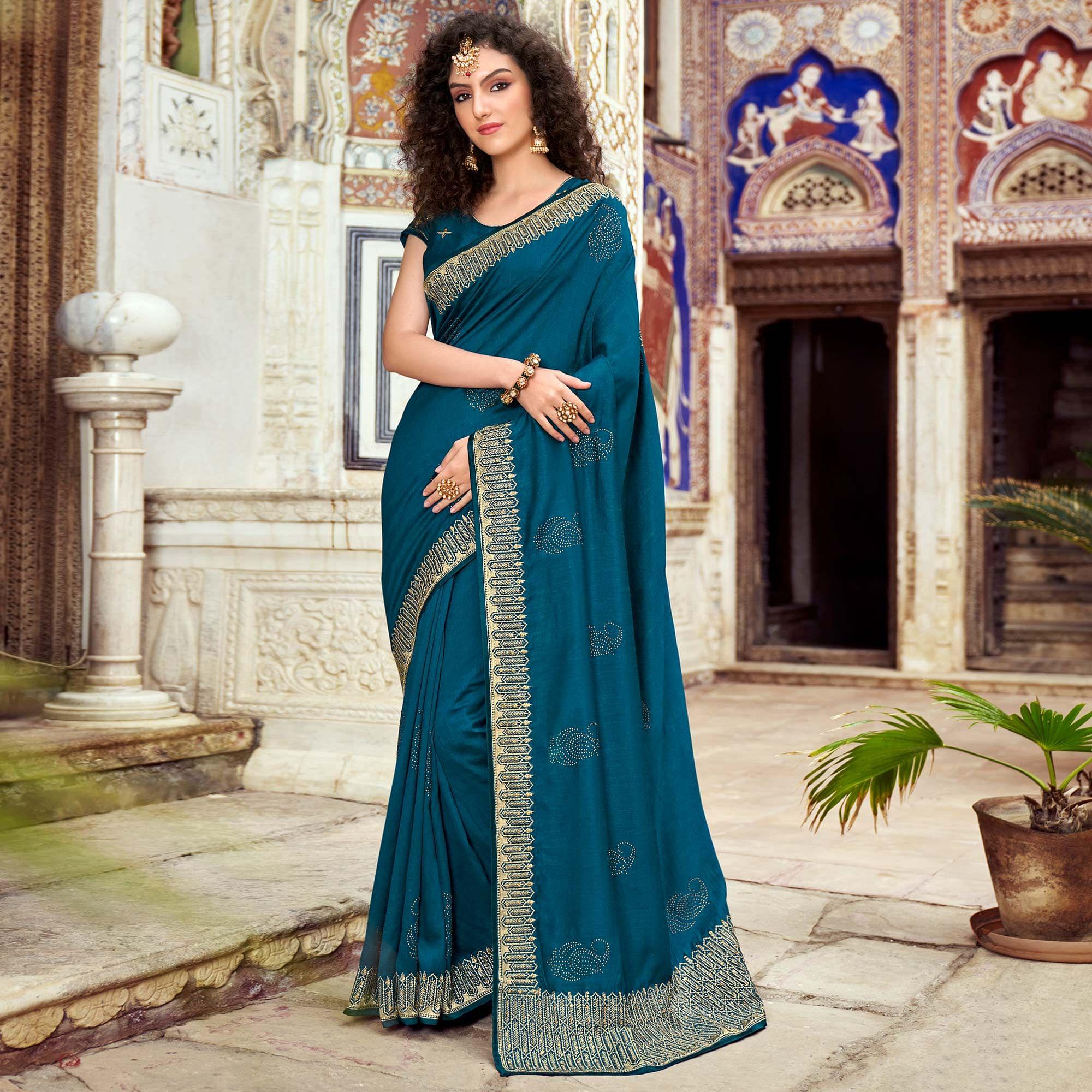 Blue Embellished Vichitra Silk Saree - Peachmode