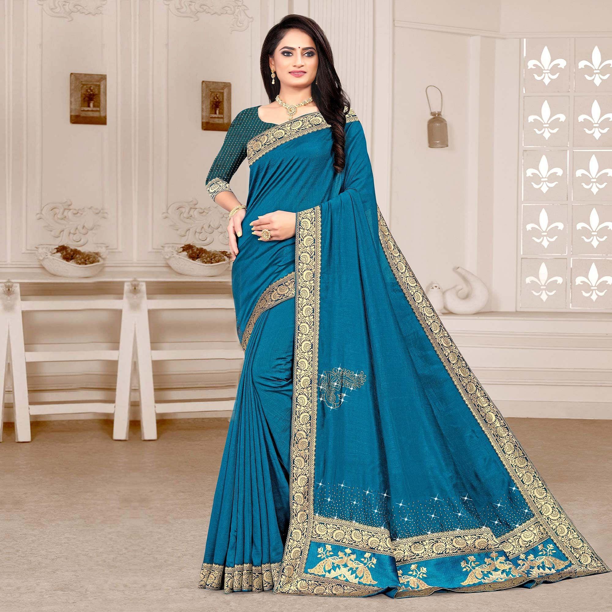 Blue Embellished Vichitra Silk Saree - Peachmode