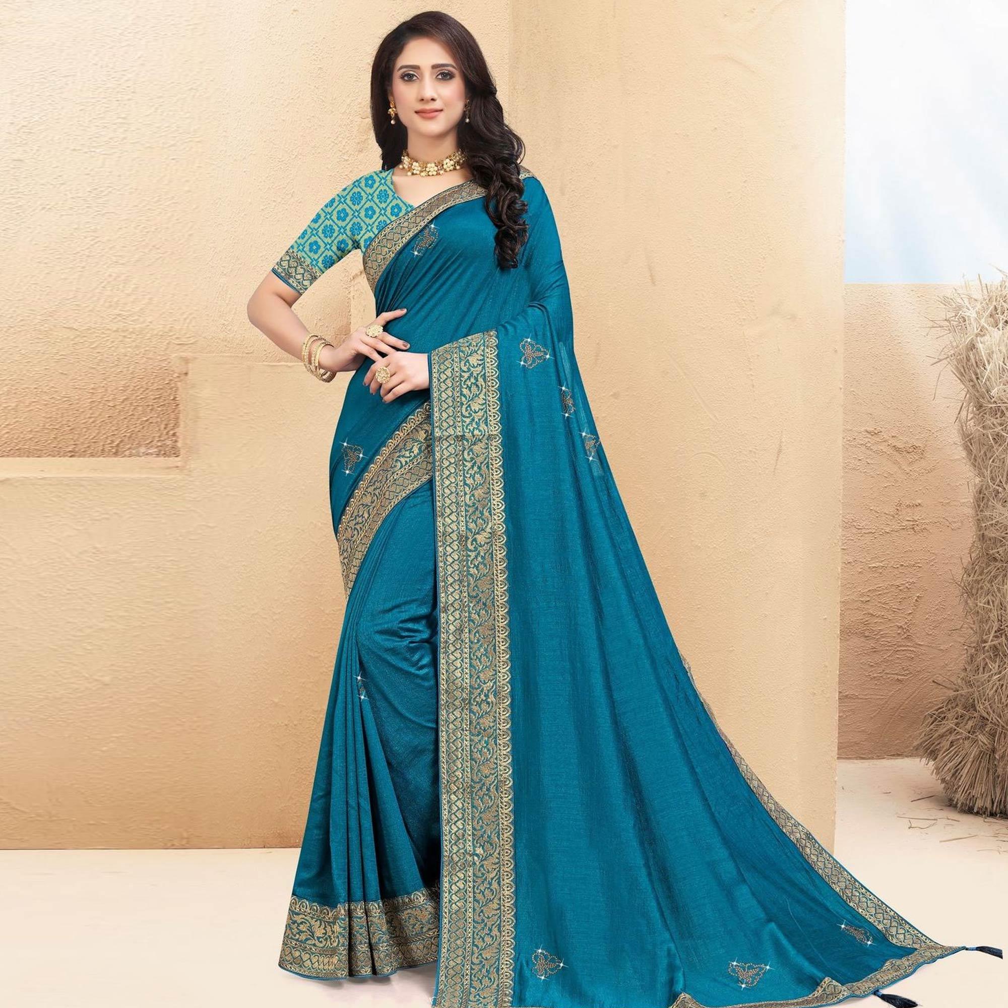 Blue Embellished Vichitra Silk Saree - Peachmode