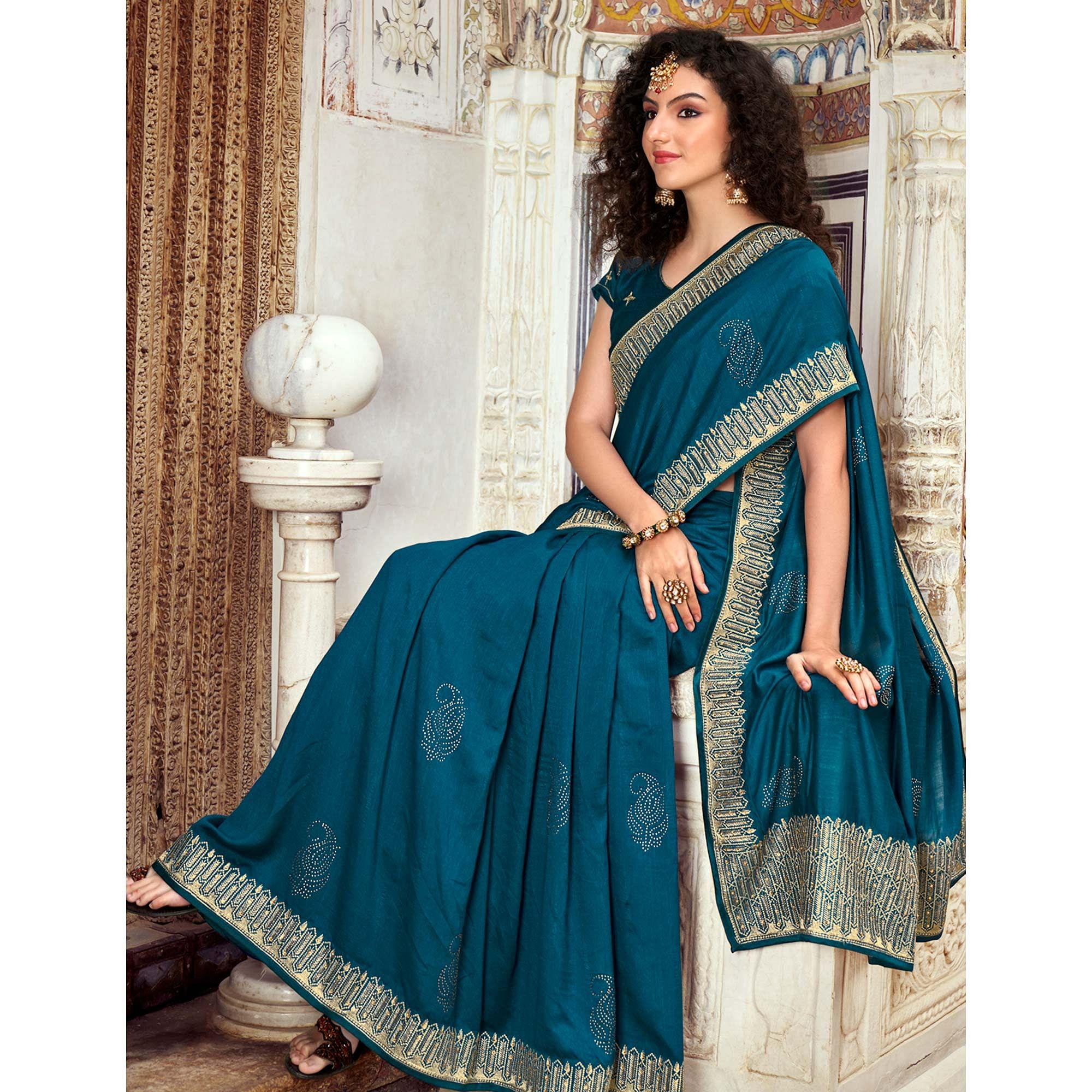 Blue Embellished Vichitra Silk Saree - Peachmode