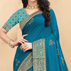 Blue Embellished Vichitra Silk Saree - Peachmode