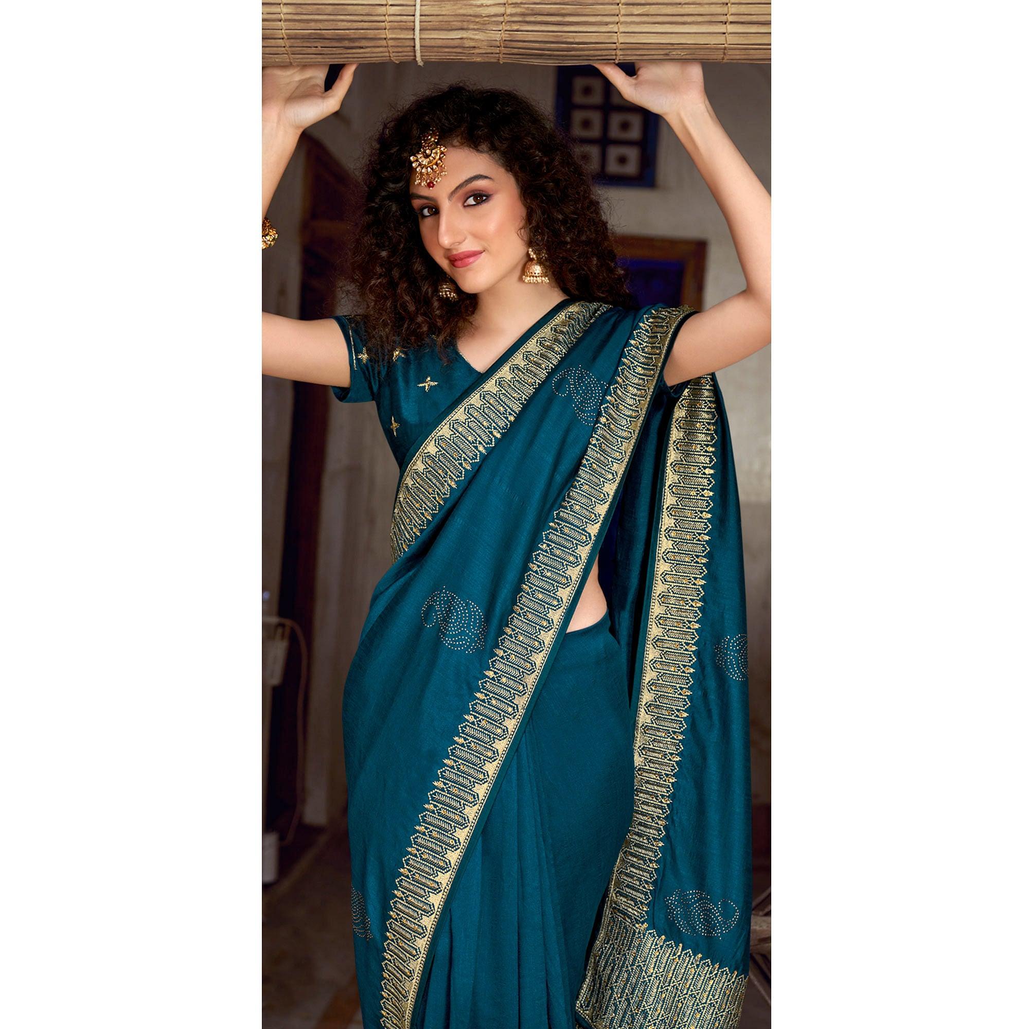 Blue Embellished Vichitra Silk Saree - Peachmode