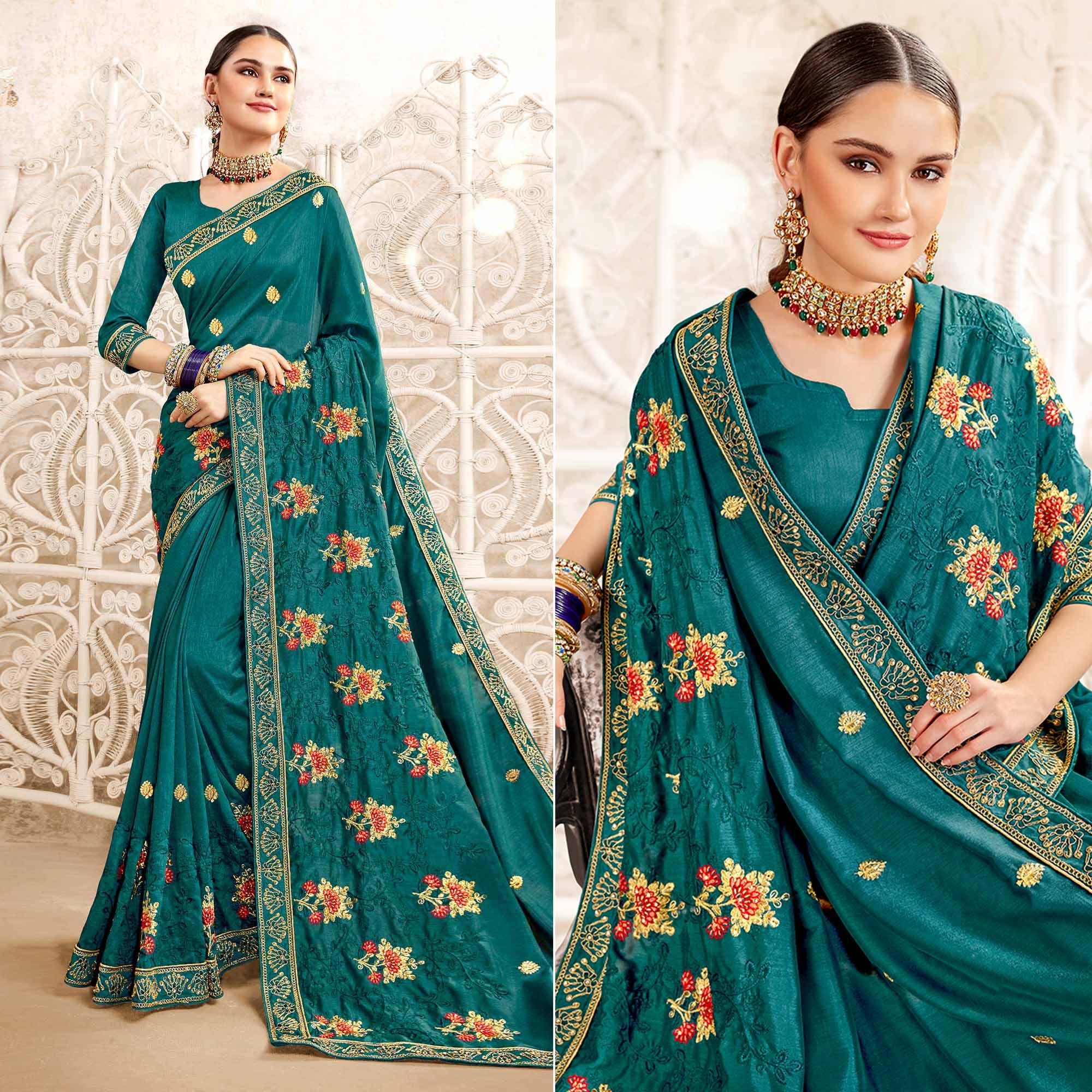 Blue Embellished With Embroidered Art Silk Saree - Peachmode