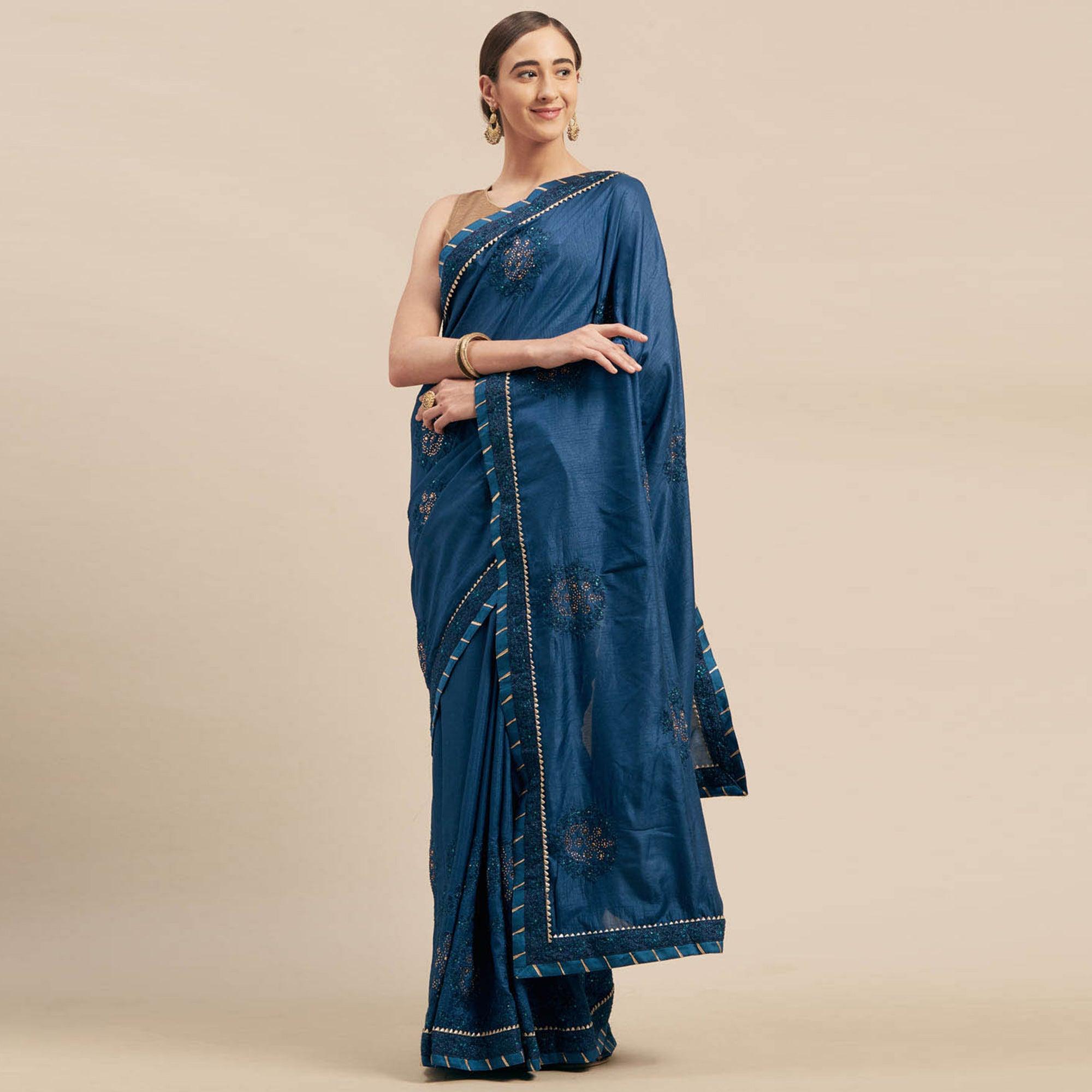 Blue Embellished With Embroidered Art Silk Saree - Peachmode