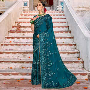 Blue Embellished With Embroidered Art Silk Saree - Peachmode