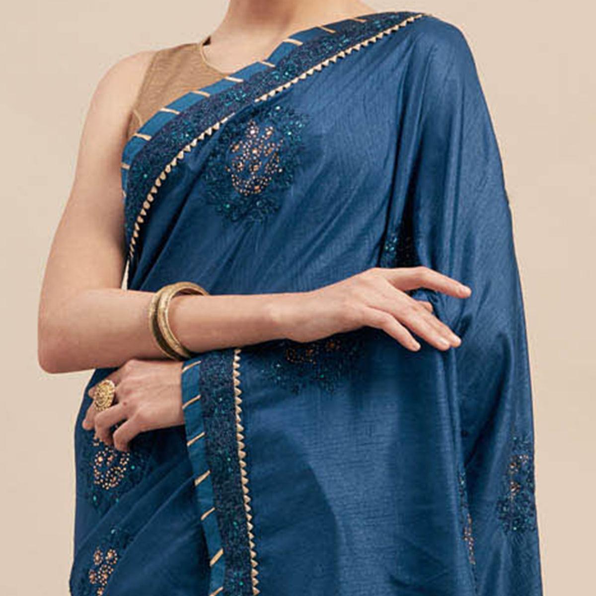 Blue Embellished With Embroidered Art Silk Saree - Peachmode