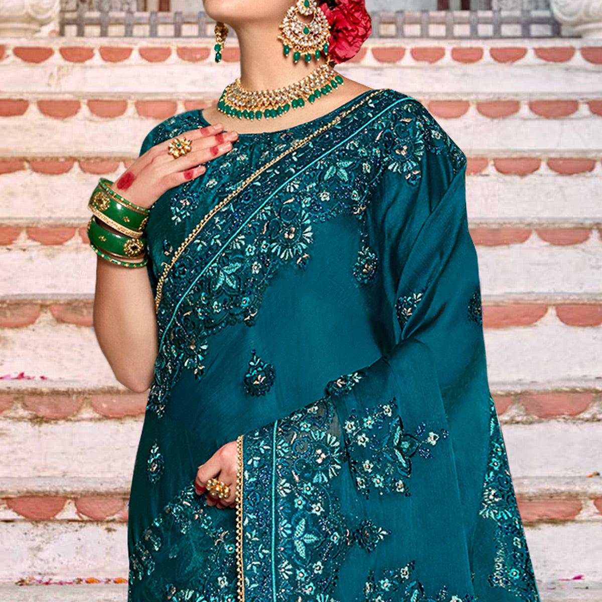 Blue Embellished With Embroidered Art Silk Saree - Peachmode