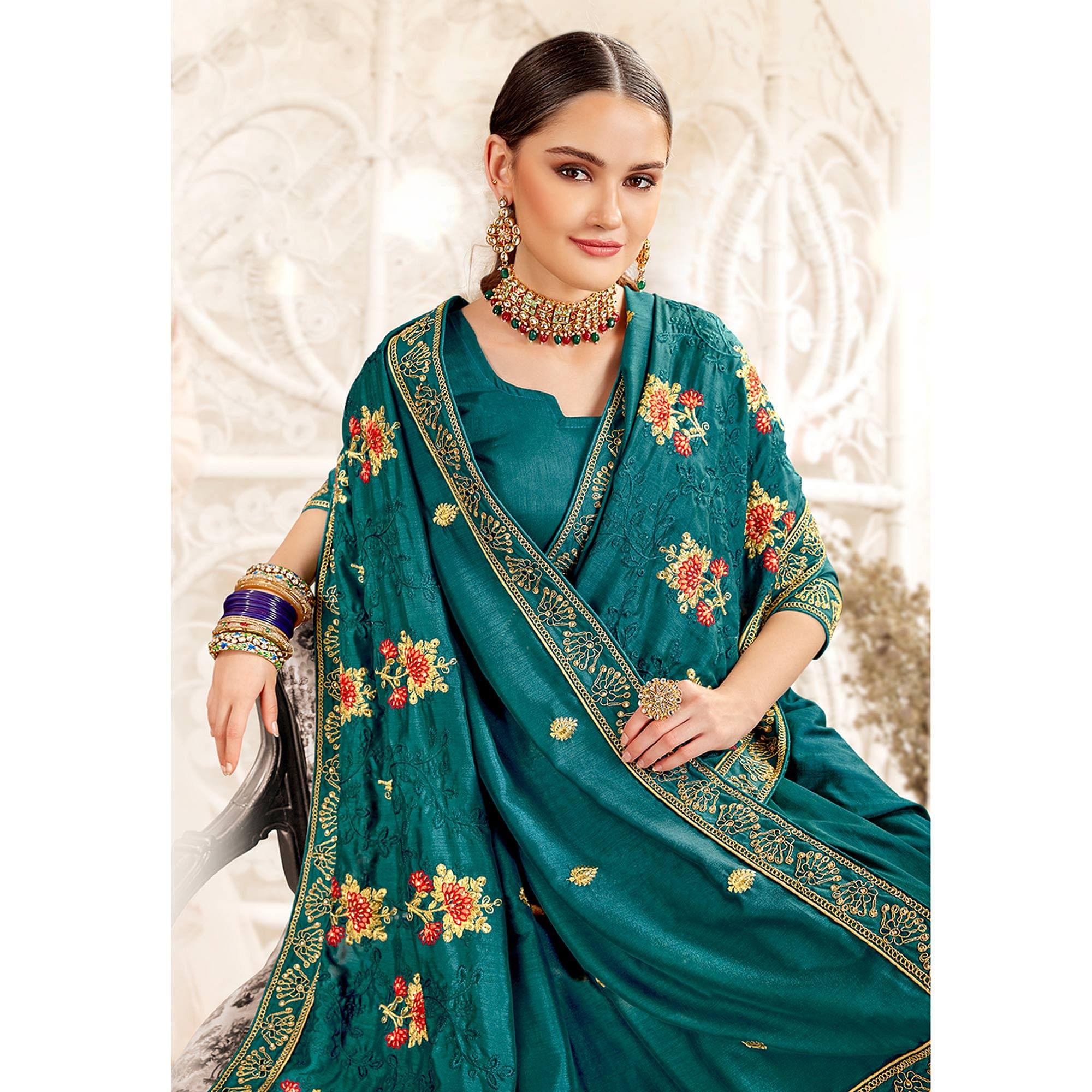 Blue Embellished With Embroidered Art Silk Saree - Peachmode