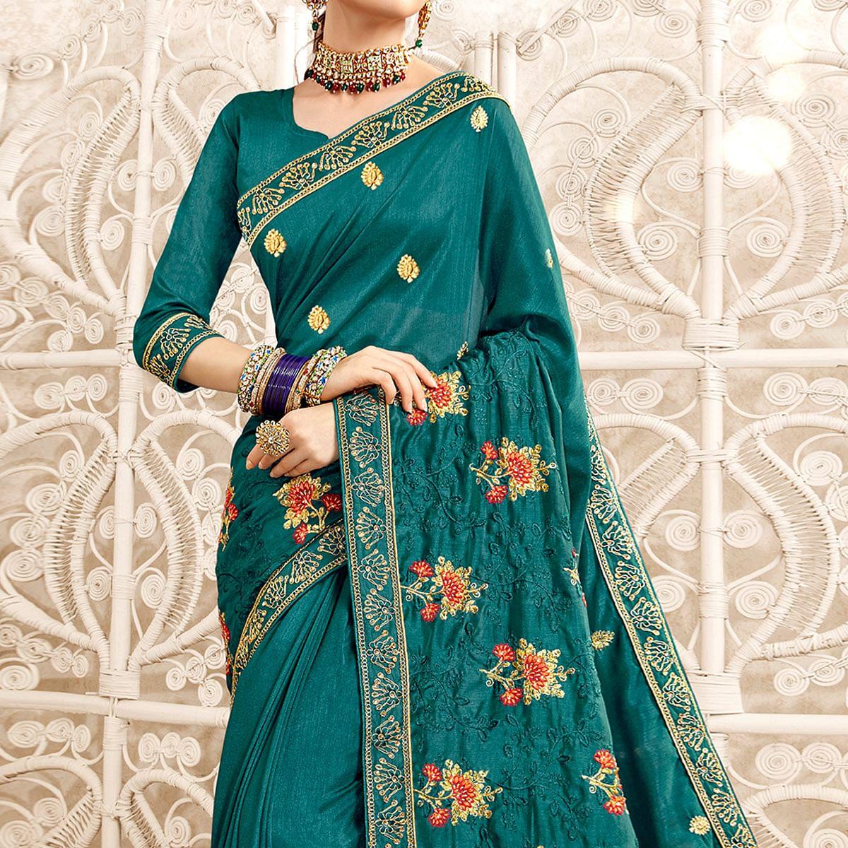 Blue Embellished With Embroidered Art Silk Saree - Peachmode