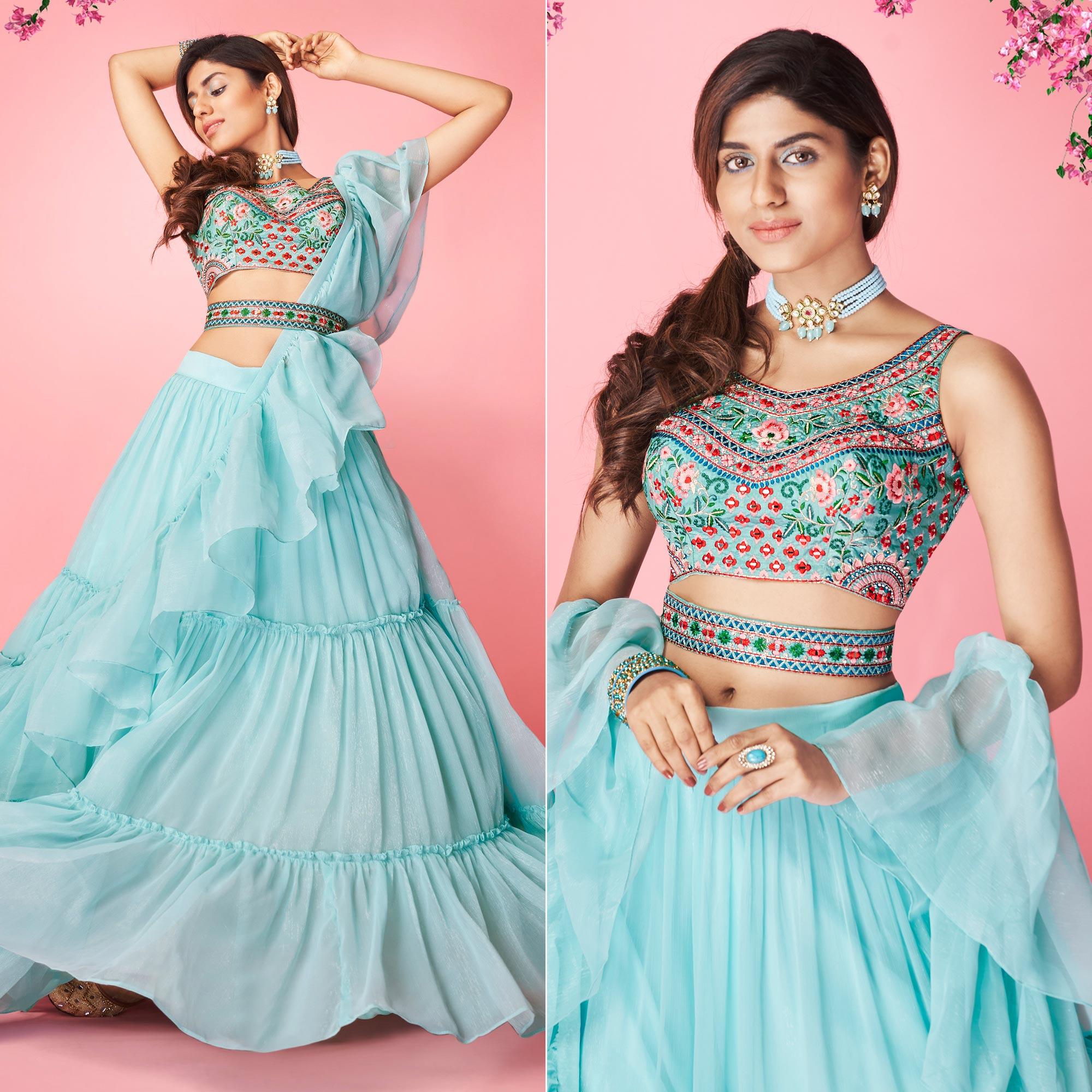 Blue Embellished With Embroidered Chiffon Lehenga Choli - Peachmode