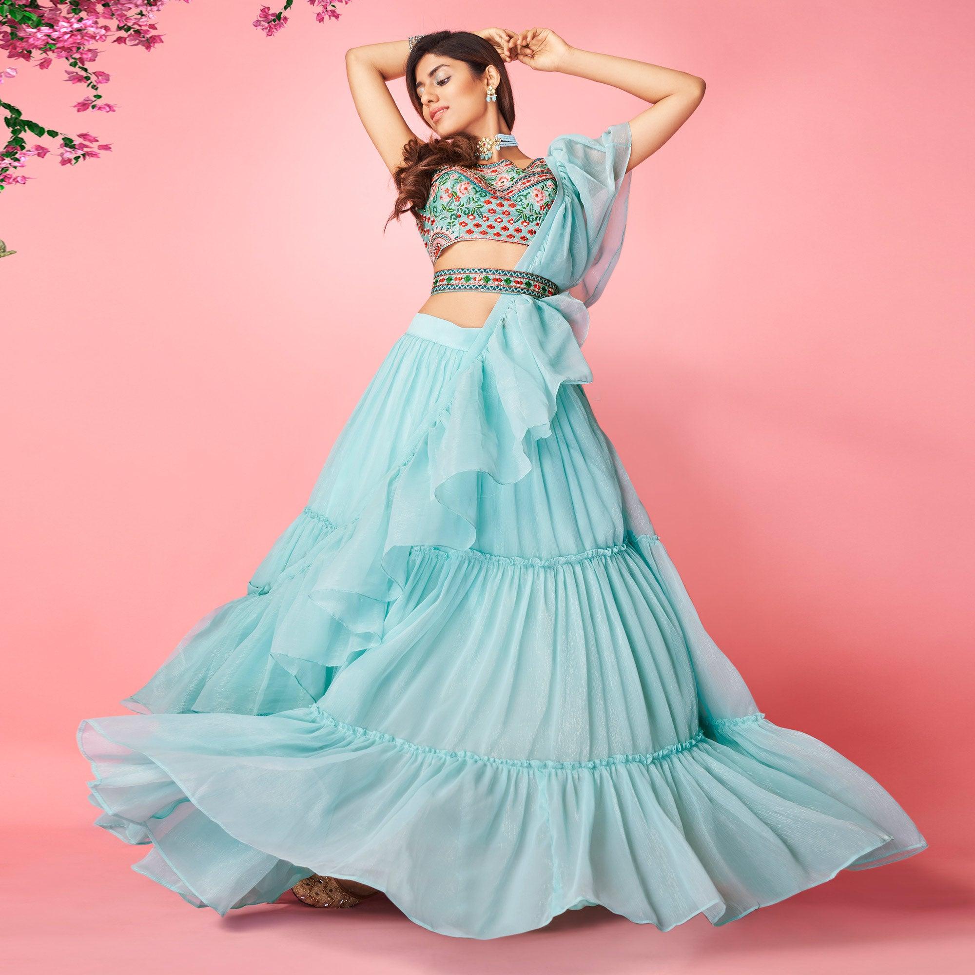 Blue Embellished With Embroidered Chiffon Lehenga Choli - Peachmode