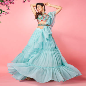 Blue Embellished With Embroidered Chiffon Lehenga Choli - Peachmode