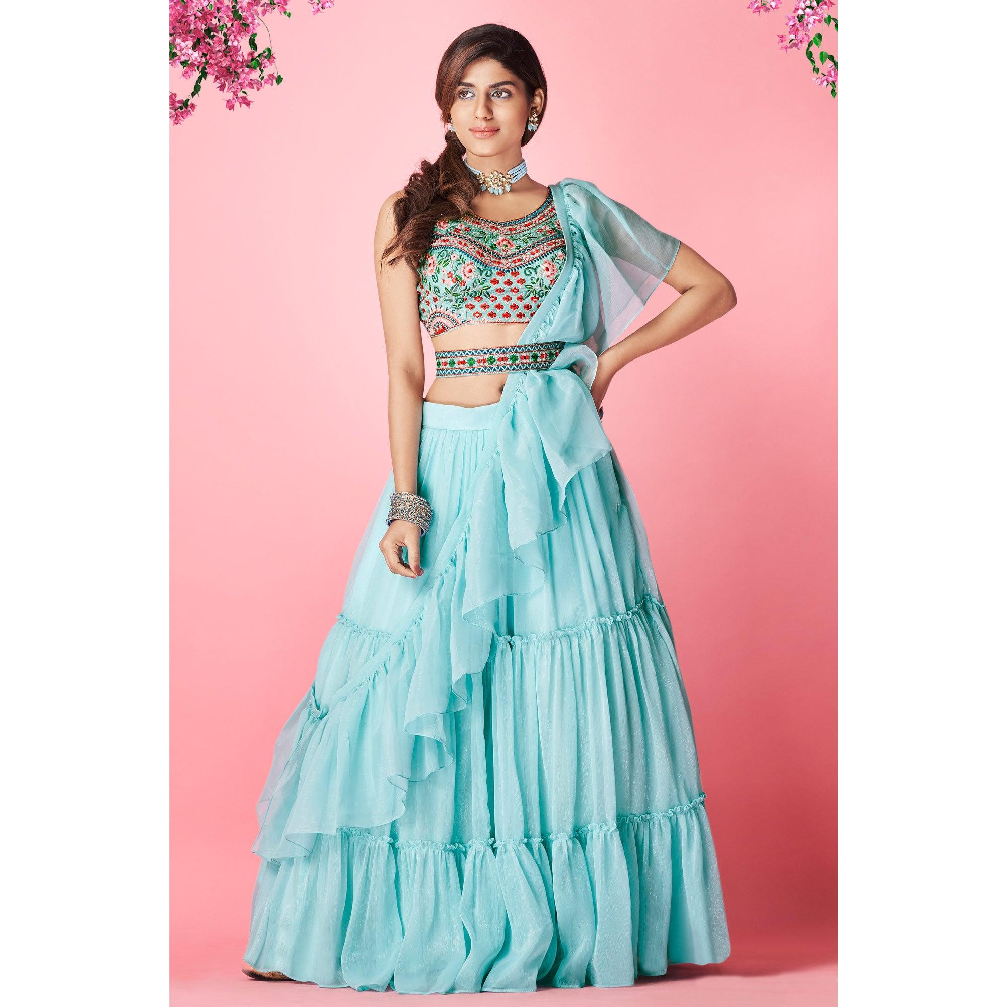 Blue Embellished With Embroidered Chiffon Lehenga Choli - Peachmode