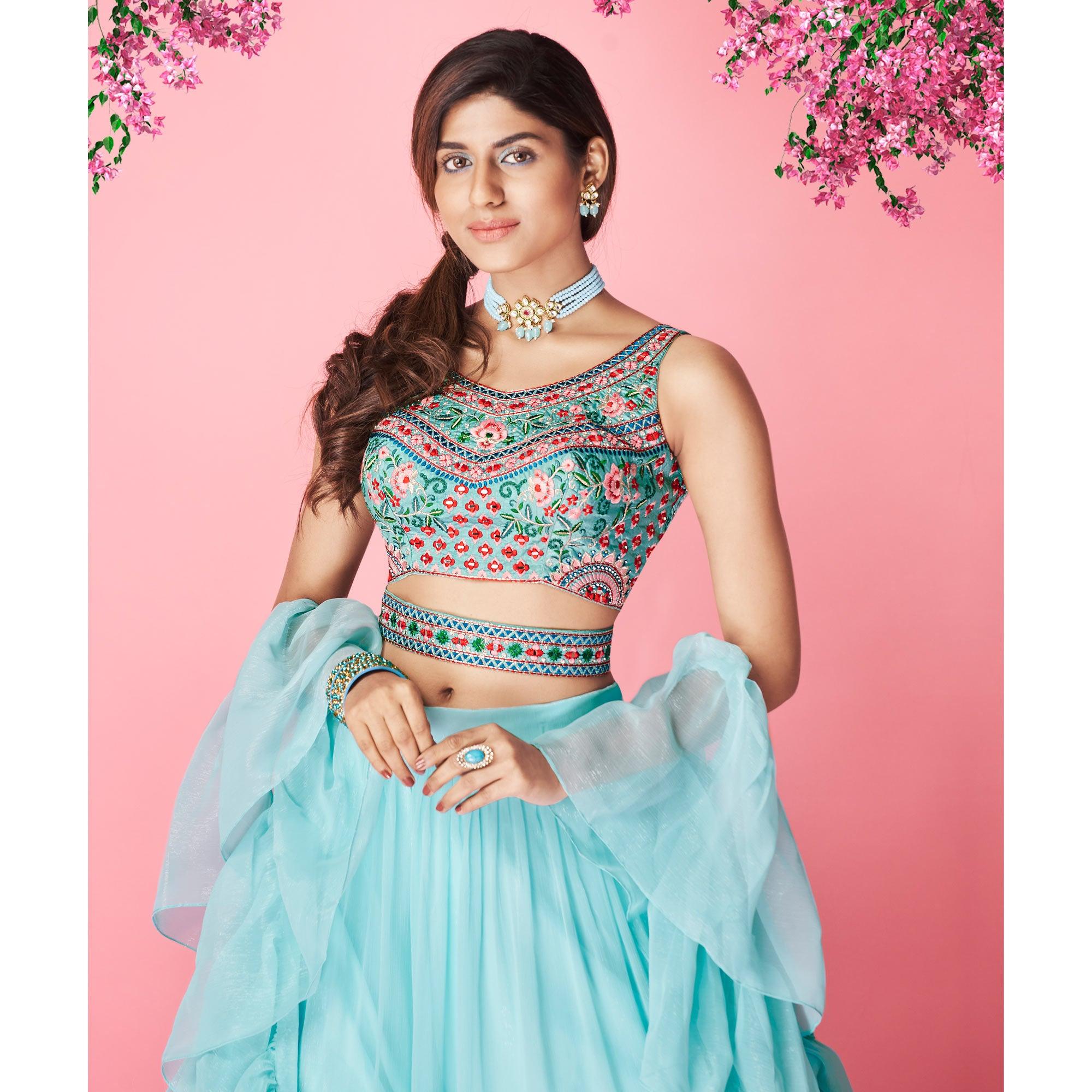 Blue Embellished With Embroidered Chiffon Lehenga Choli - Peachmode