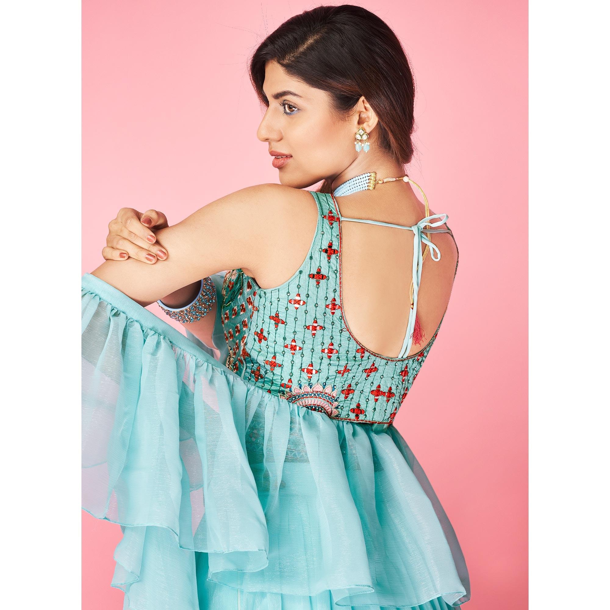 Blue Embellished With Embroidered Chiffon Lehenga Choli - Peachmode