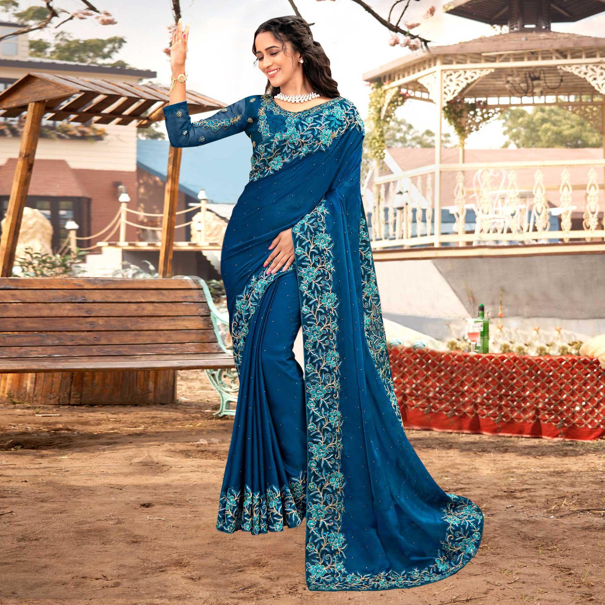 Blue Embellished With Embroidered Chiffon Saree - Peachmode