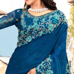 Blue Embellished With Embroidered Chiffon Saree - Peachmode