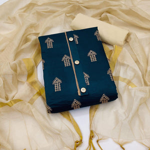 Blue Embellished With Embroidered Cotton Blend Dress Material - Peachmode