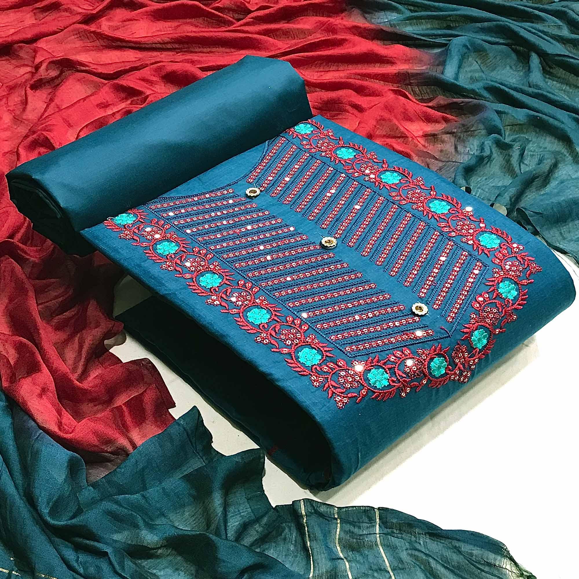 Blue Embellished With Embroidered Cotton Blend Dress Material - Peachmode