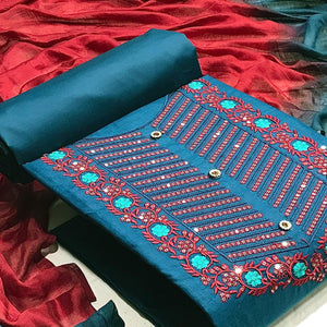 Blue Embellished With Embroidered Cotton Blend Dress Material - Peachmode