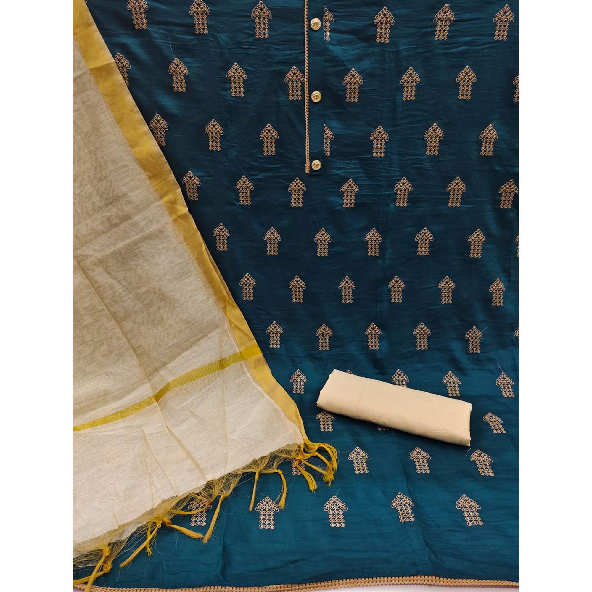 Blue Embellished With Embroidered Cotton Blend Dress Material - Peachmode