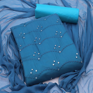 Blue Embellished With Embroidered Georgette Dress Material - Peachmode