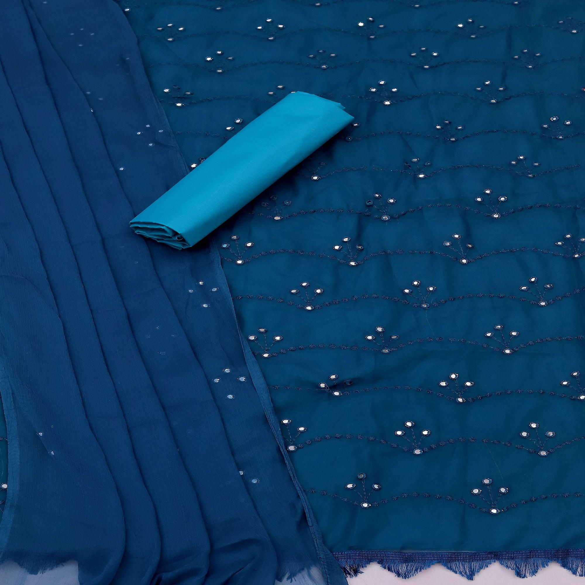 Blue Embellished With Embroidered Georgette Dress Material - Peachmode