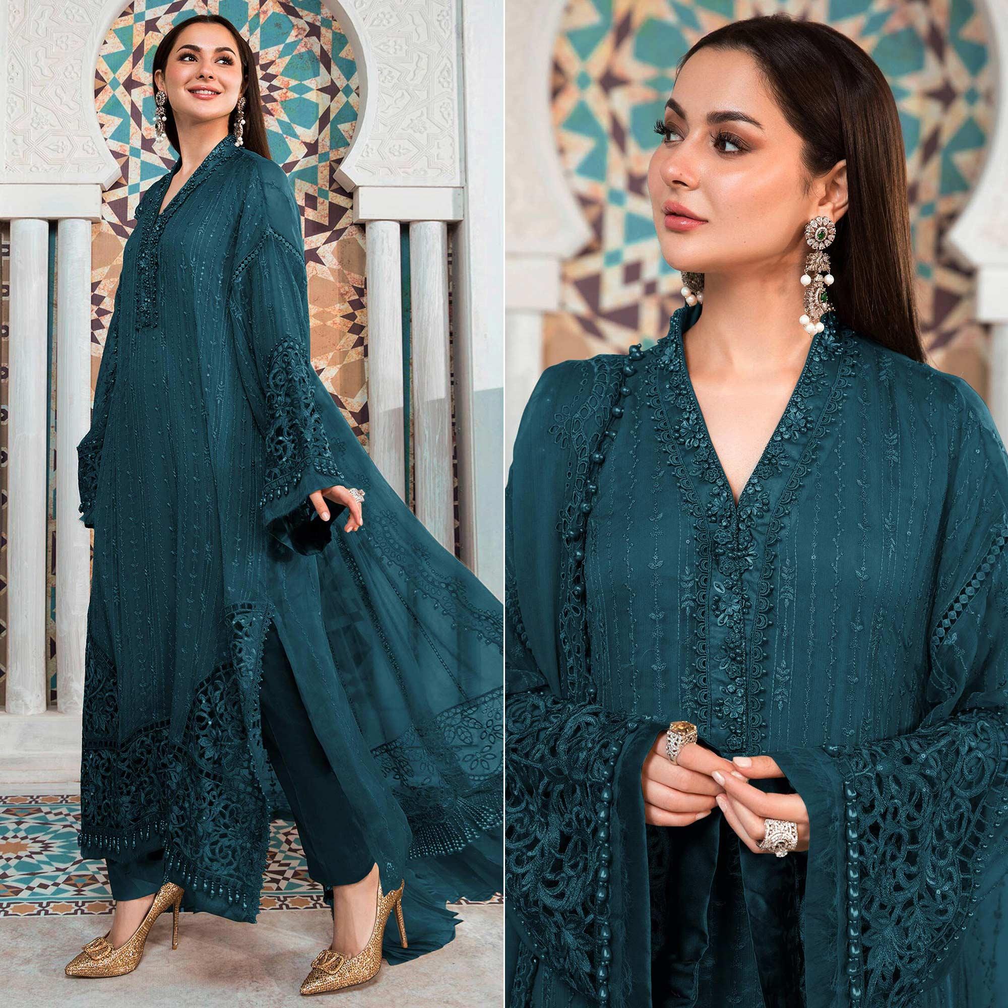 Blue Embellished With Embroidered Georgette Pakistani Suit - Peachmode