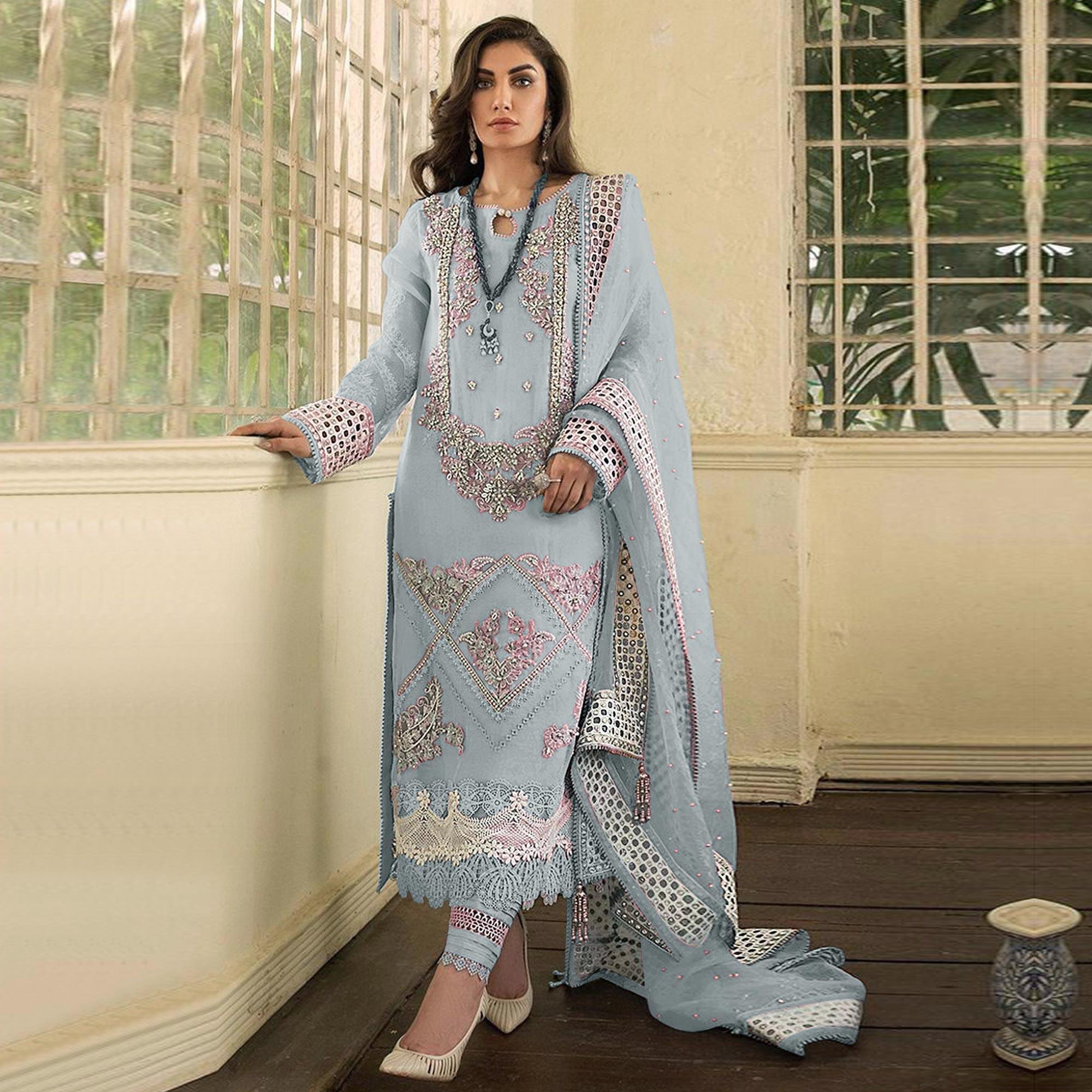 Blue Embellished With Embroidered Georgette Pakistani Suit - Peachmode