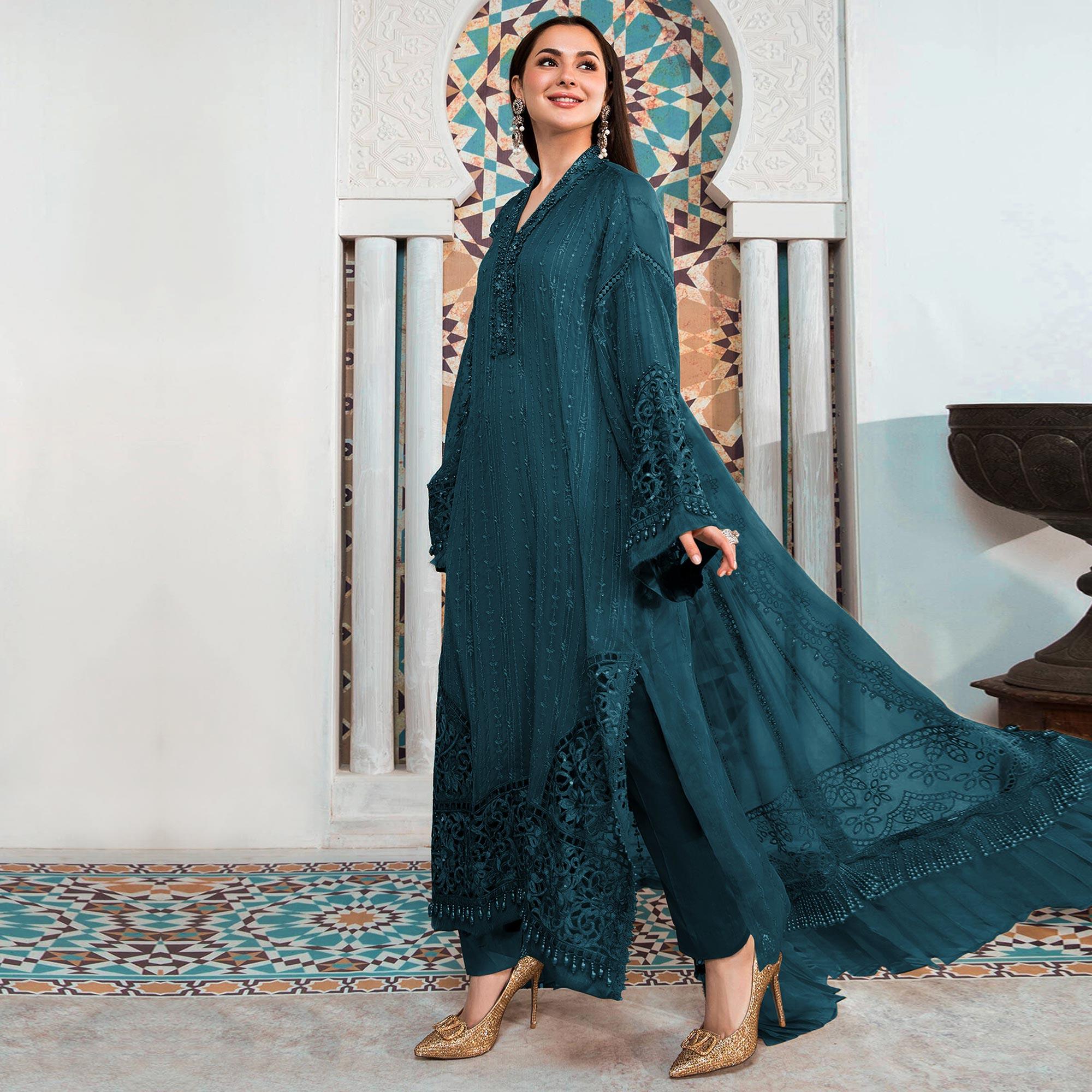 Blue Embellished With Embroidered Georgette Pakistani Suit - Peachmode