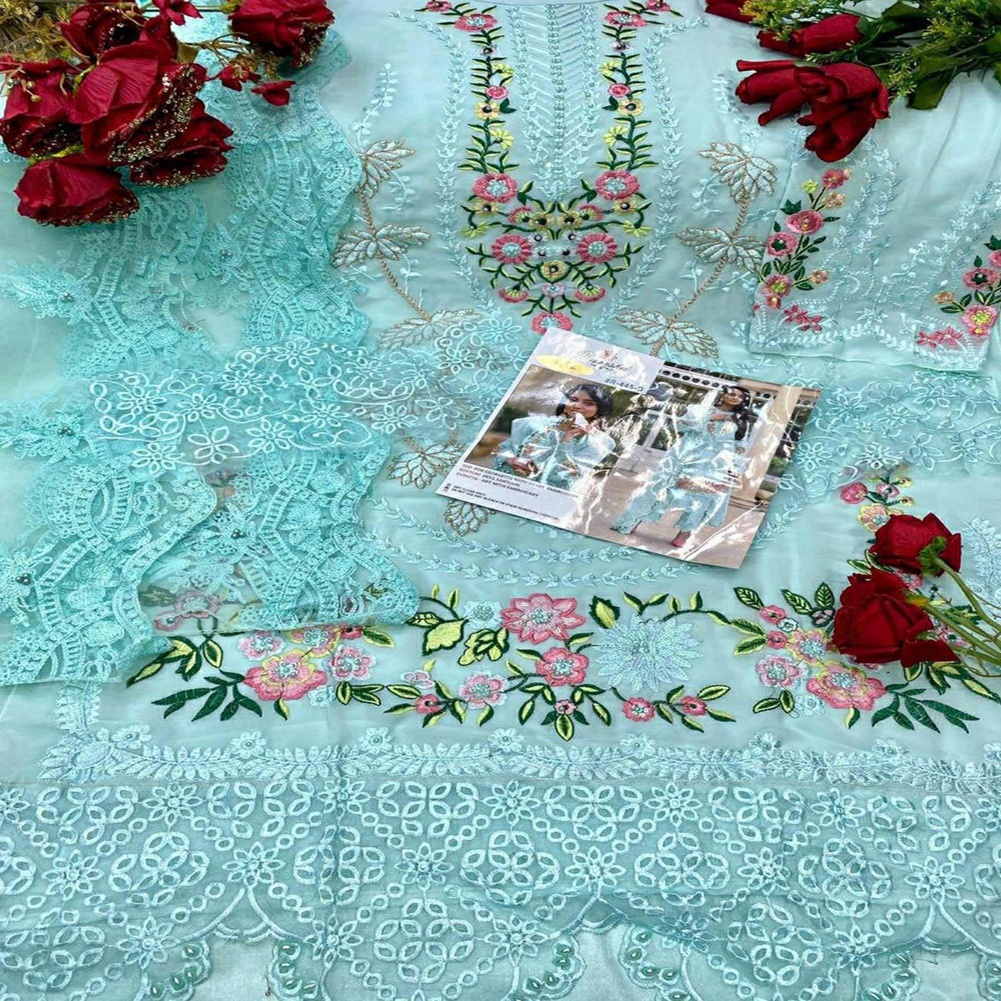 Blue Embellished With Embroidered Georgette Pakistani Suit - Peachmode