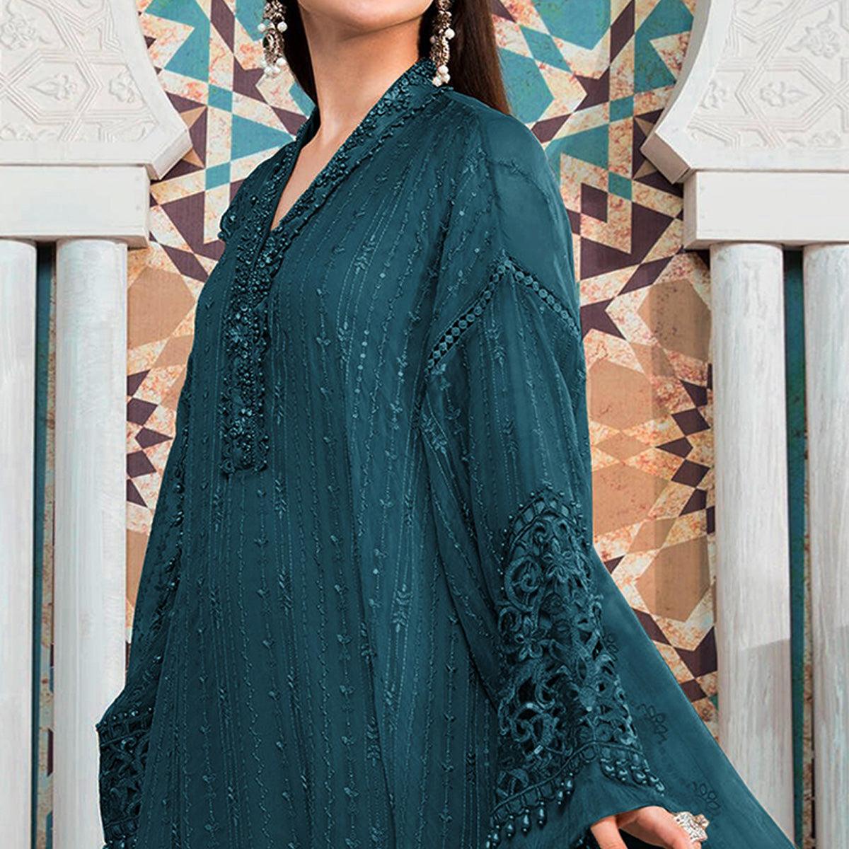 Blue Embellished With Embroidered Georgette Pakistani Suit - Peachmode