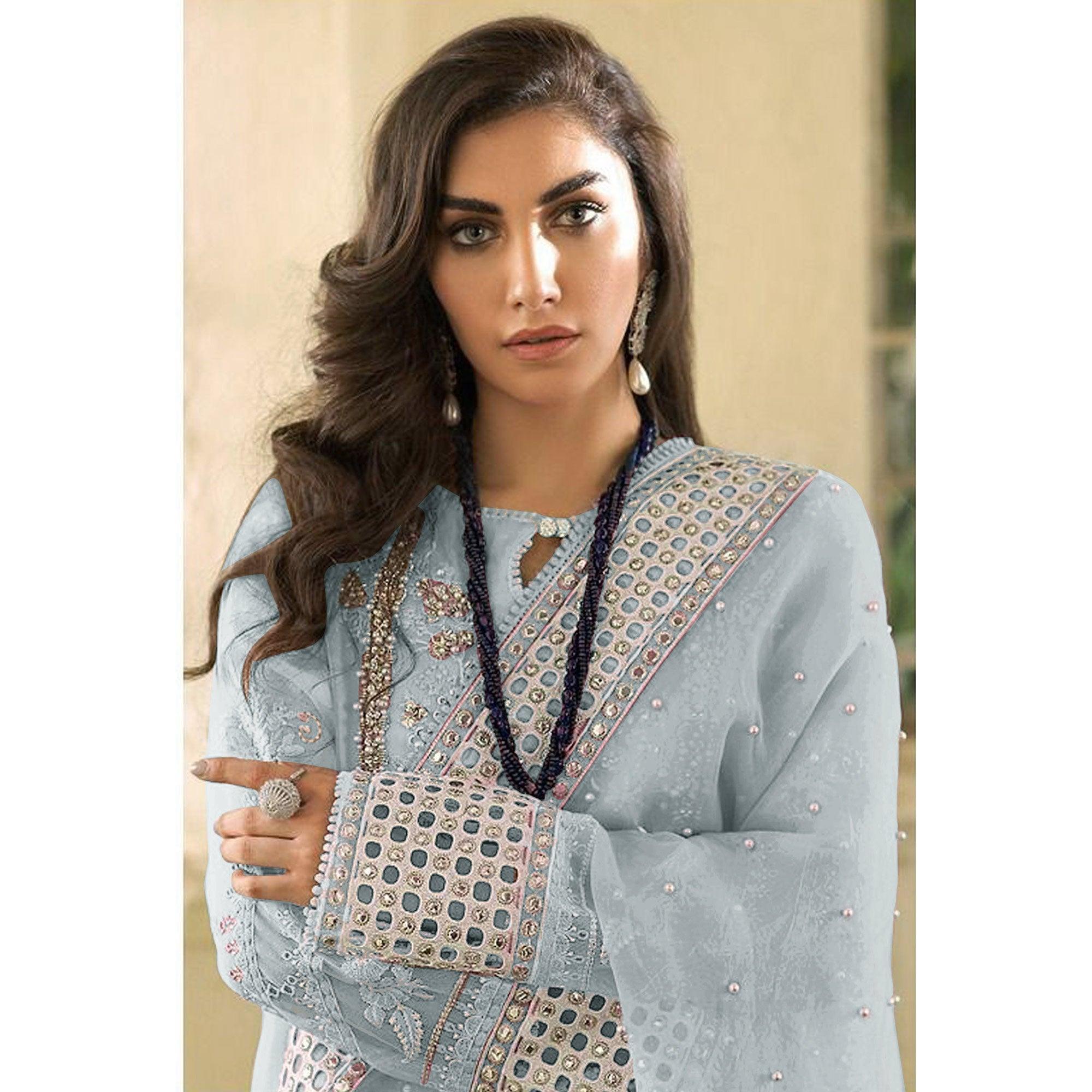 Blue Embellished With Embroidered Georgette Pakistani Suit - Peachmode