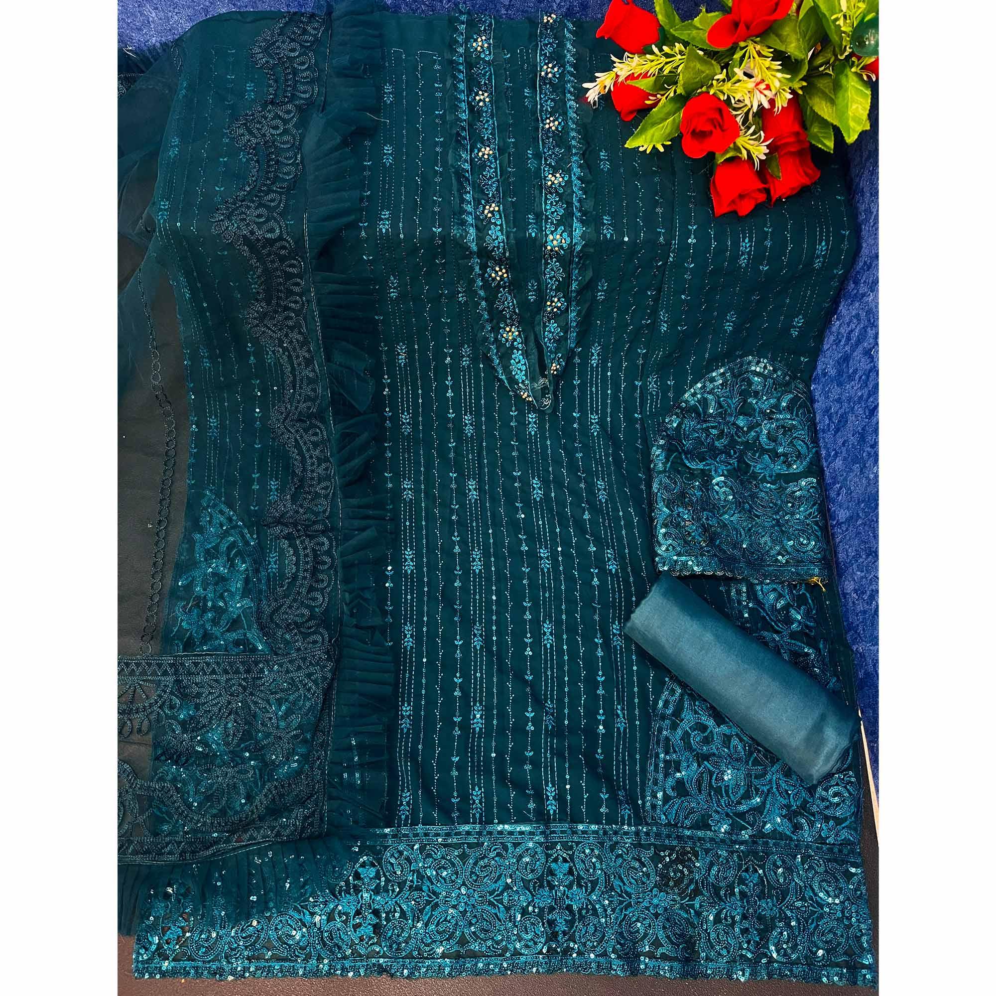 Blue Embellished With Embroidered Georgette Pakistani Suit - Peachmode