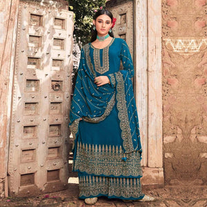 Blue Embellished With Embroidered Georgette Palazzo Suit - Peachmode