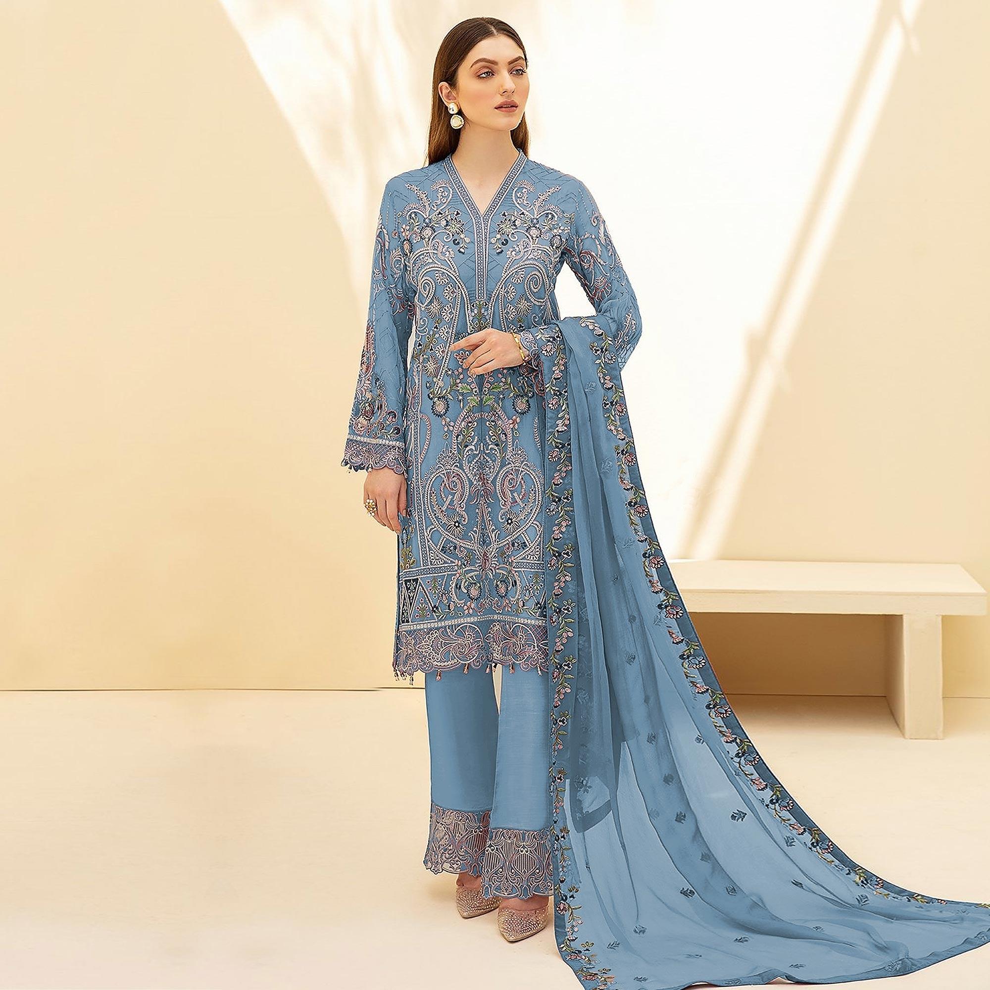Blue Embellished With Embroidered Georgette Palazzo Suit - Peachmode