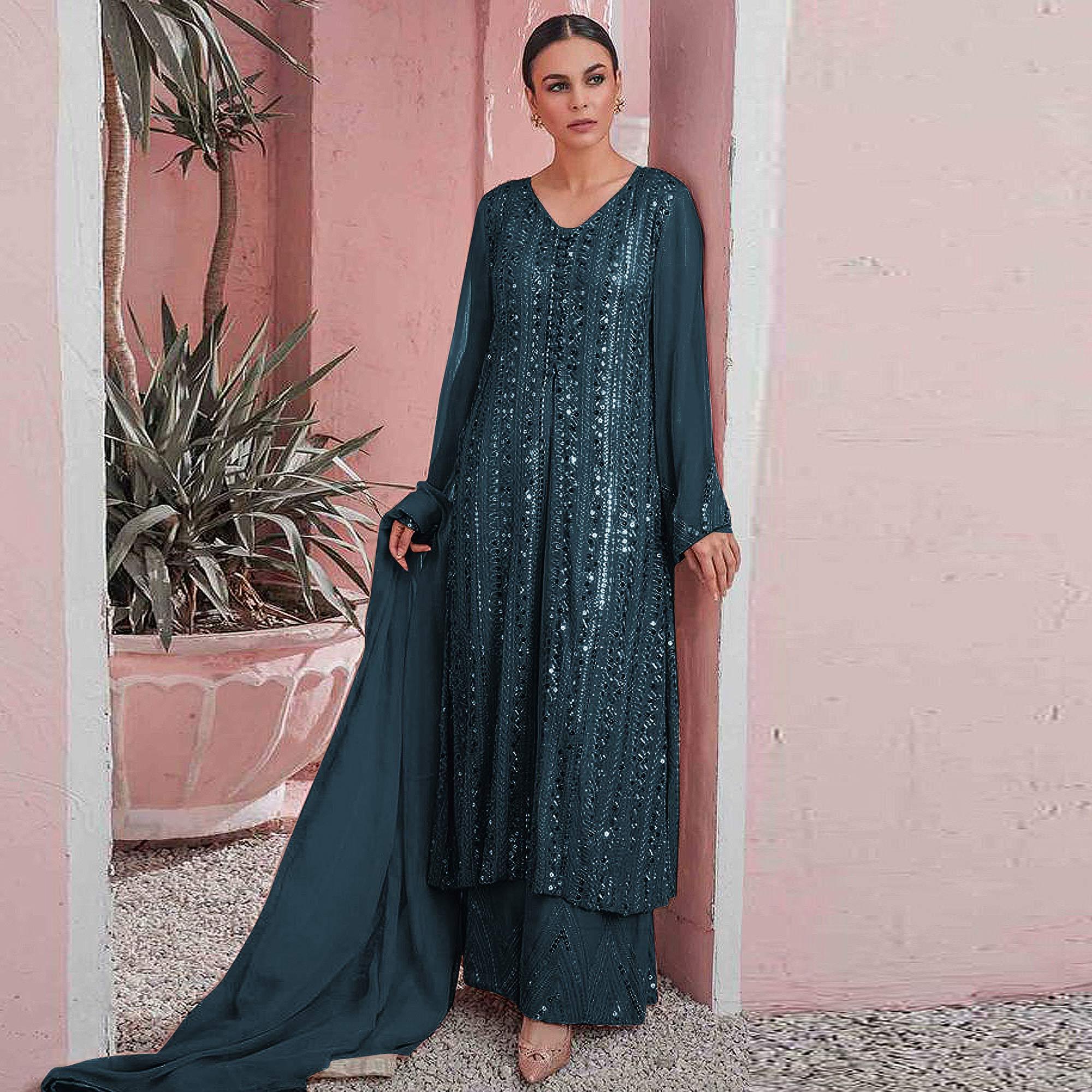 Blue Embellished With Embroidered Georgette Palazzo Suit - Peachmode