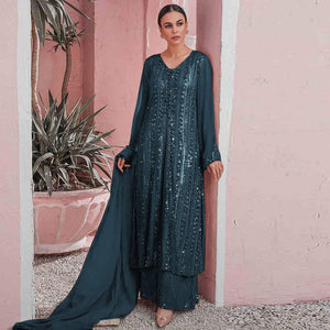 Blue Embellished With Embroidered Georgette Palazzo Suit - Peachmode