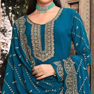 Blue Embellished With Embroidered Georgette Palazzo Suit - Peachmode