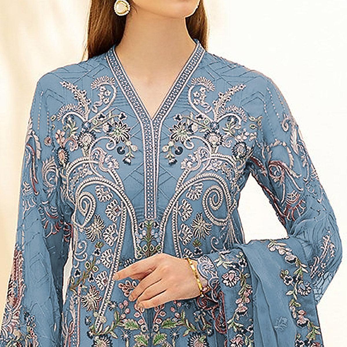 Blue Embellished With Embroidered Georgette Palazzo Suit - Peachmode