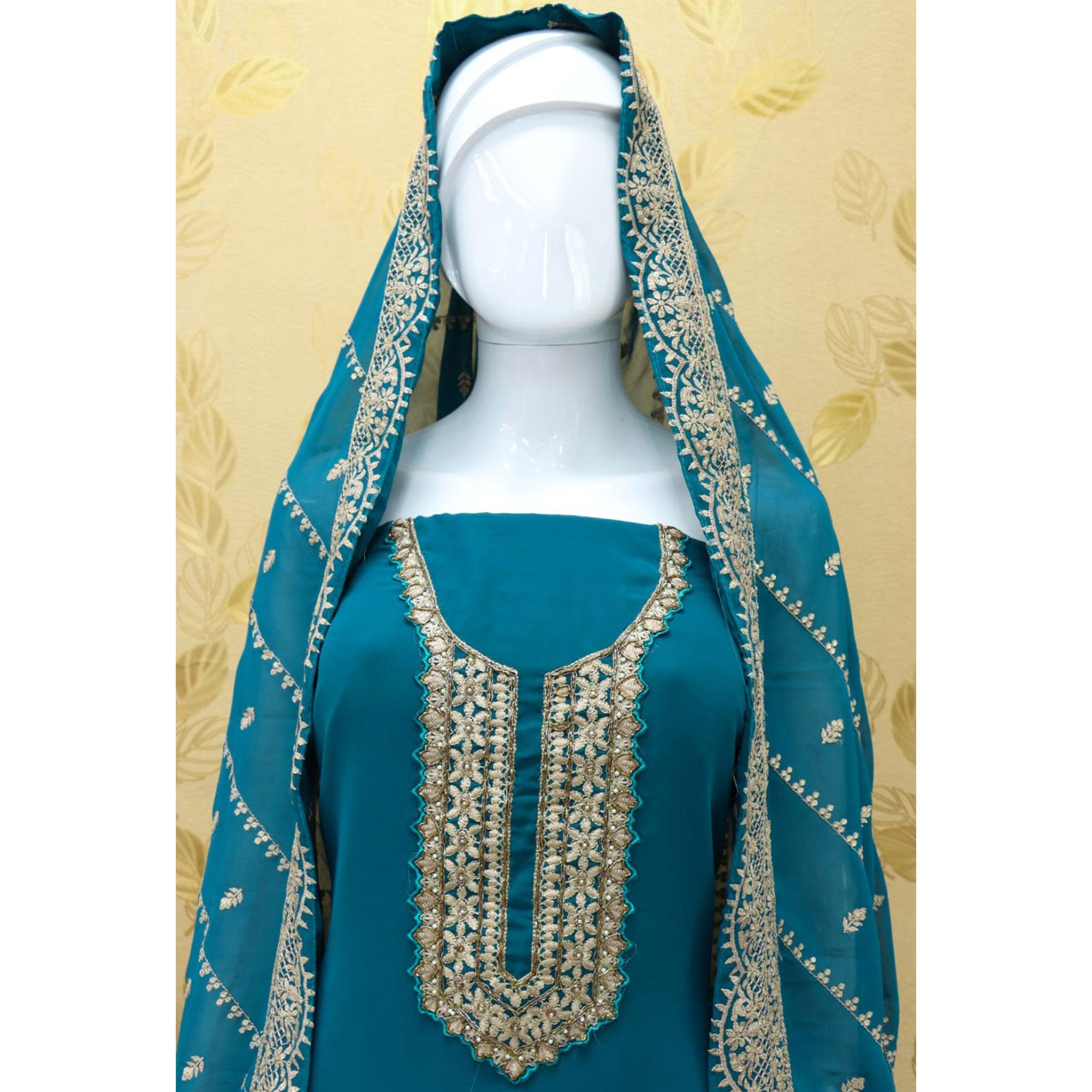 Blue Embellished With Embroidered Georgette Palazzo Suit - Peachmode