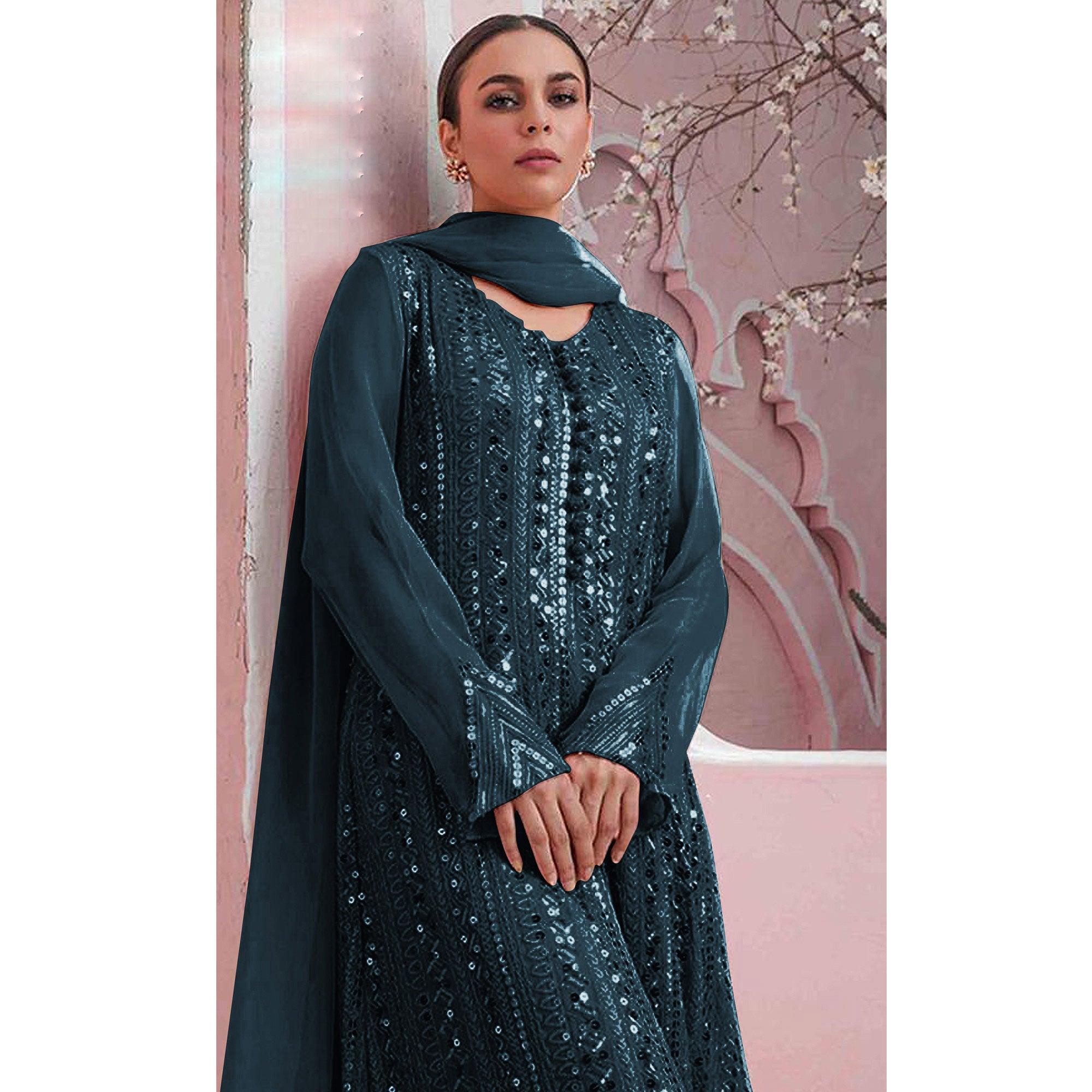 Blue Embellished With Embroidered Georgette Palazzo Suit - Peachmode