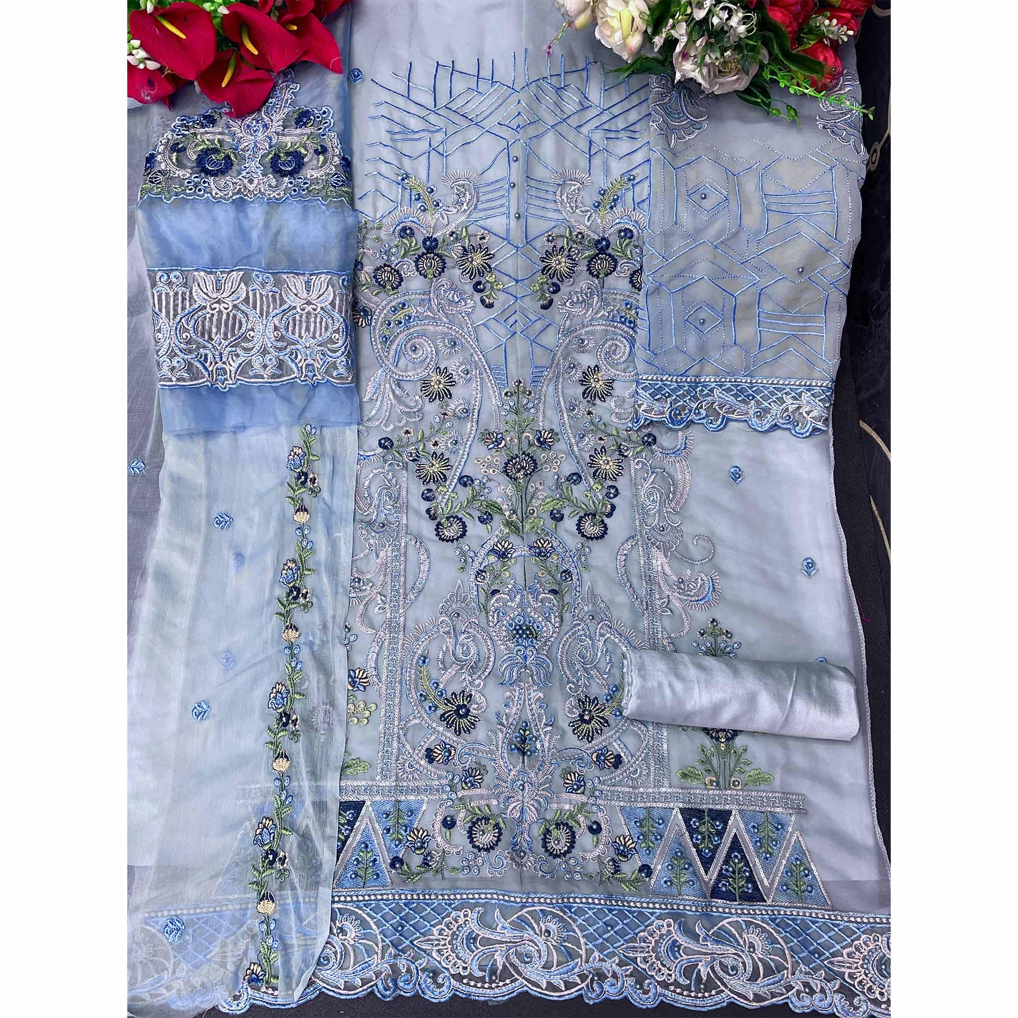 Blue Embellished With Embroidered Georgette Palazzo Suit - Peachmode