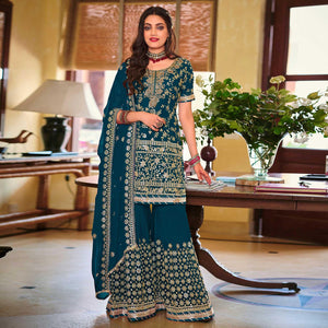 Blue Embellished With Embroidered Georgette Sharara Suit - Peachmode